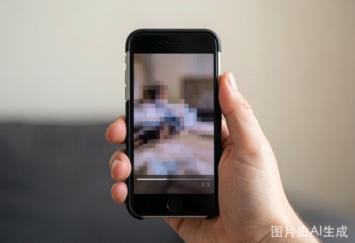 An iPhone showing a pixelated video with blocky compression artifacts on screen