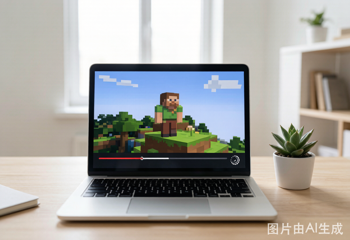 A laptop showing a YouTube player with a pixelated, blocky low-quality video